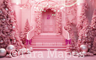 Pink Dollhouse Christmas Digital Backdrop - Christmas Mansion Dreamhouse - Pink Dollhouse Digital Background