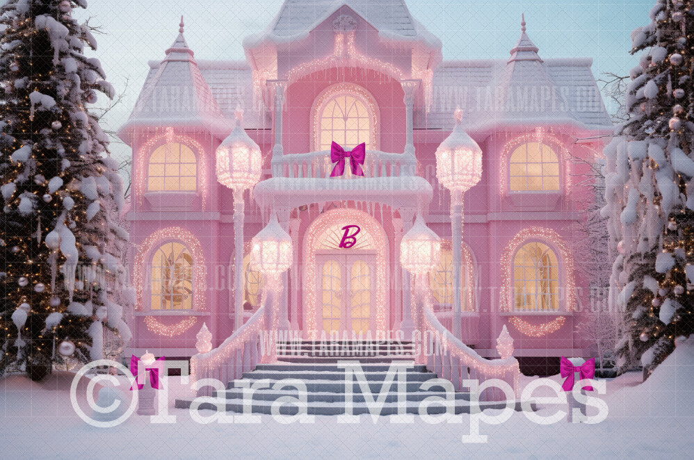 Pink Dollhouse Christmas Digital Backdrop - Christmas Mansion Dreamhouse - Pink Dollhouse Digital Background