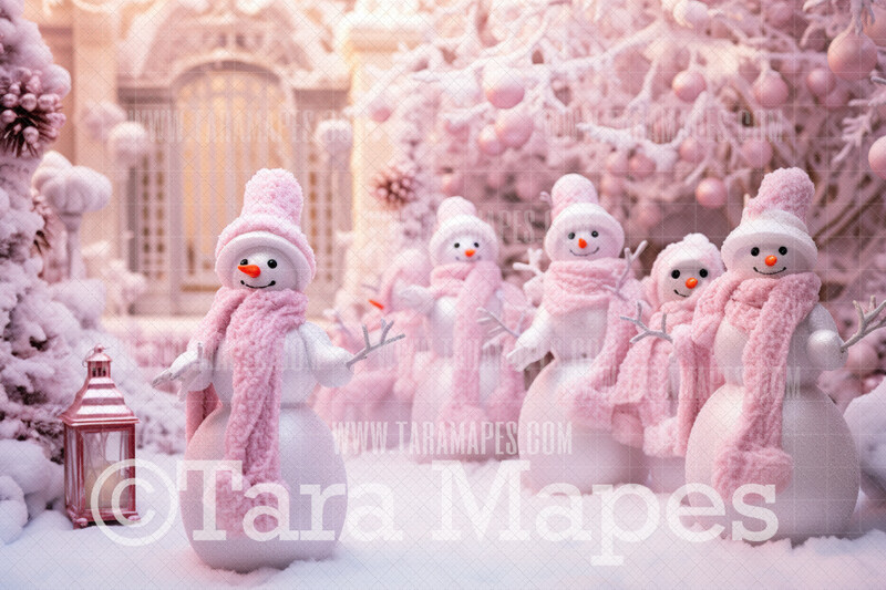 Pink Dollhouse Christmas Digital Backdrop - Pink Christmas Snowman Snow People - Pink Christmas Digital Background