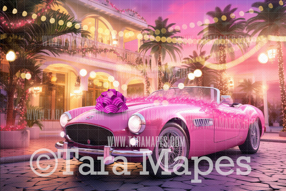 Pink Dollhouse Christmas Digital Backdrop - Dream Sports Car with Bow - Pink Dollhouse Digital Background