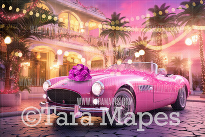 Pink Dollhouse Christmas Digital Backdrop - Dream Sports Car with Bow - Pink Dollhouse Digital Background
