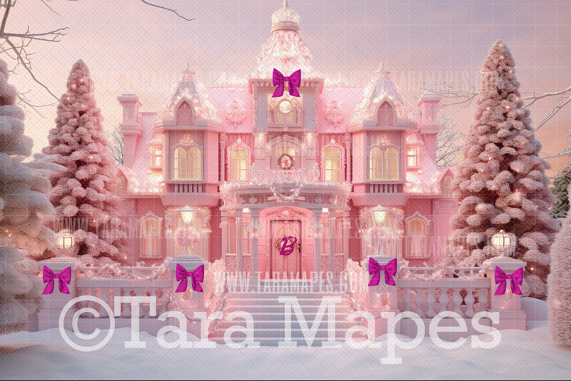 Pink Dollhouse Christmas Digital Backdrop - Christmas Mansion Dreamhouse - Pink Dollhouse Digital Background