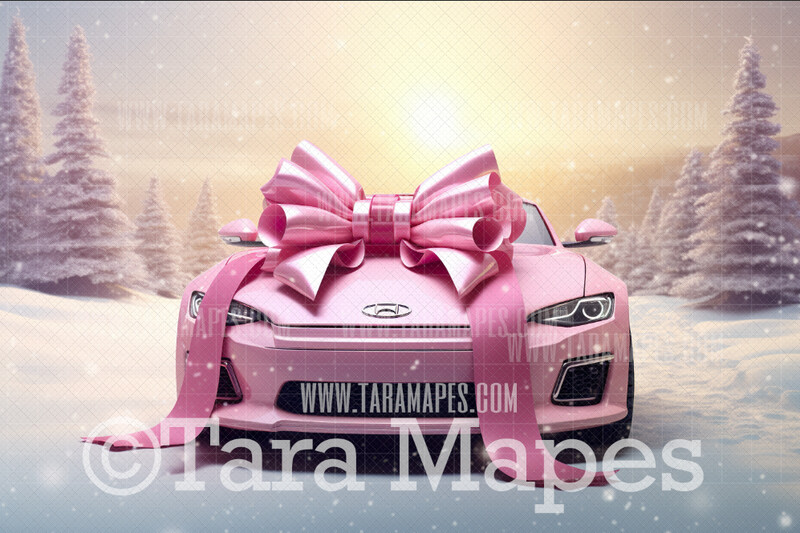 Pink Dollhouse Christmas Digital Backdrop - Dream Sports Car with Bow - Pink Dollhouse Digital Background