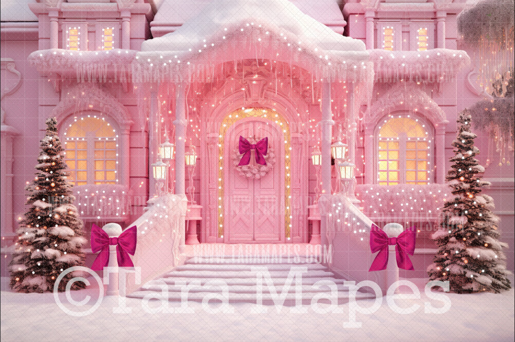 Pink Dollhouse Christmas Digital Backdrop - Christmas Mansion Dreamhouse - Pink Dollhouse Digital Background