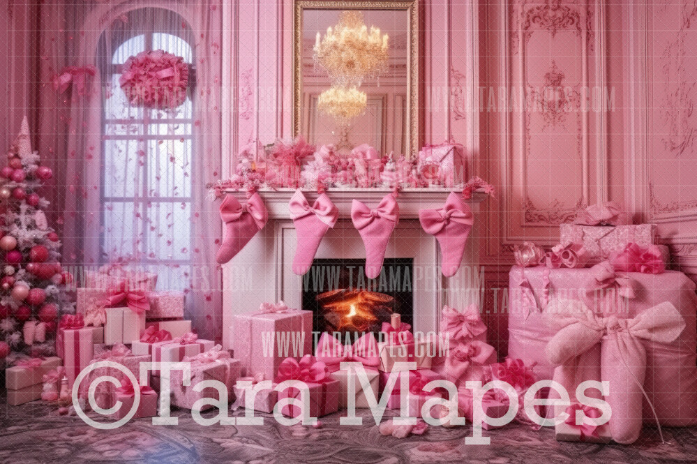 Pink Dollhouse Christmas Digital Backdrop - Christmas Fireplace - Pink Dollhouse Digital Background