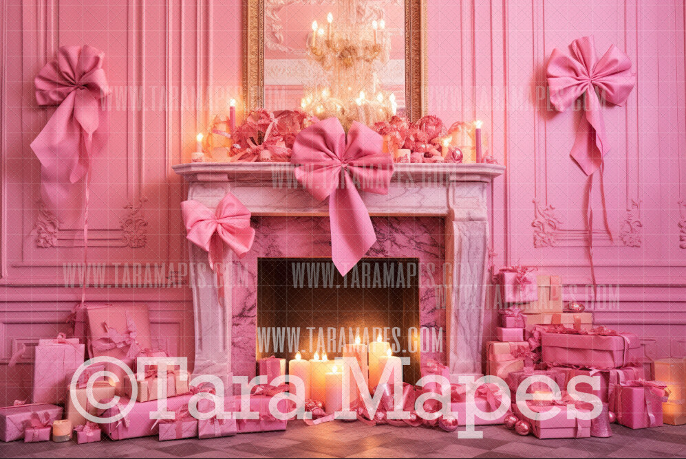 Pink Dollhouse Christmas Digital Backdrop - Christmas Fireplace - Pink Dollhouse Digital Background