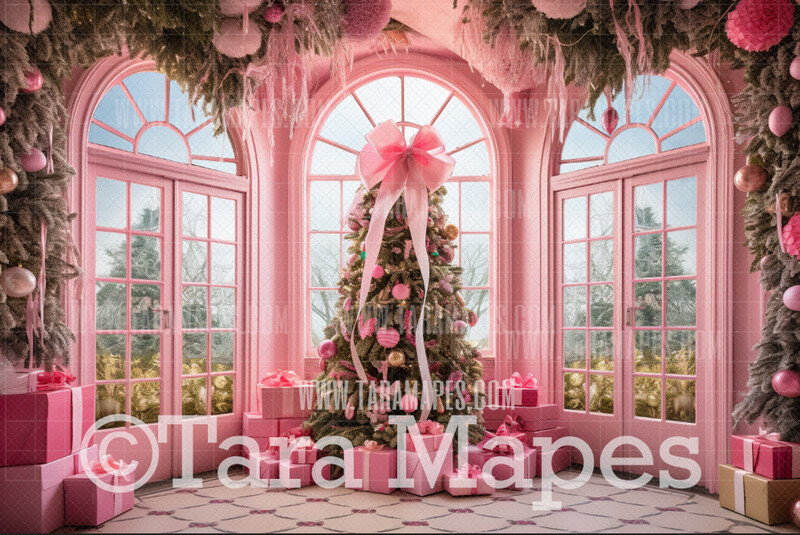 Pink Dollhouse Christmas Digital Backdrop - Christmas Room - Pink Dollhouse Digital Background