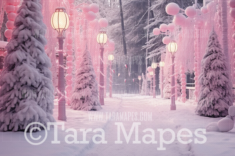 Pink Dollhouse Christmas Digital Backdrop - Christmas Winter Path - Pink Dollhouse Digital Background