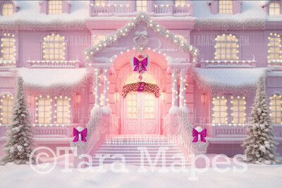 Pink Dollhouse Christmas Digital Backdrop - Christmas Mansion Dreamhouse - Pink Dollhouse Digital Background