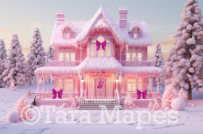 Pink Dollhouse Christmas Digital Backdrop - Christmas Mansion Dreamhouse - Pink Dollhouse Digital Background