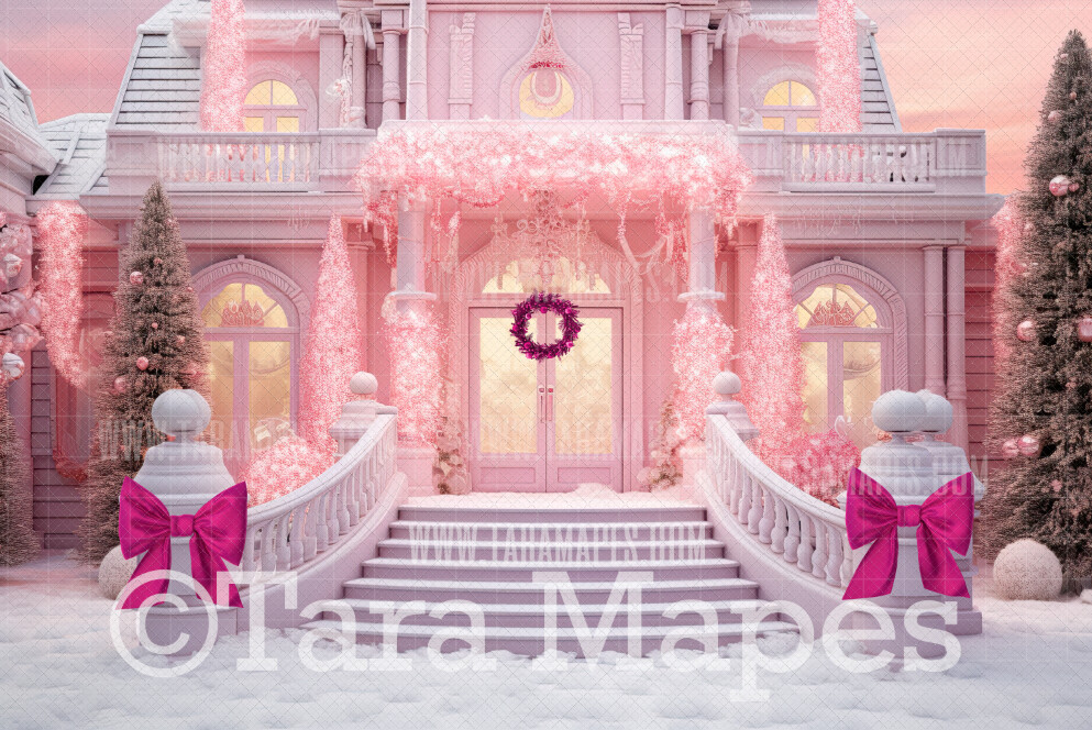 Pink Dollhouse Christmas Digital Backdrop - Christmas Mansion Dreamhouse - Pink Dollhouse Digital Background