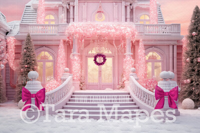 Pink Dollhouse Christmas Digital Backdrop - Christmas Mansion Dreamhouse - Pink Dollhouse Digital Background
