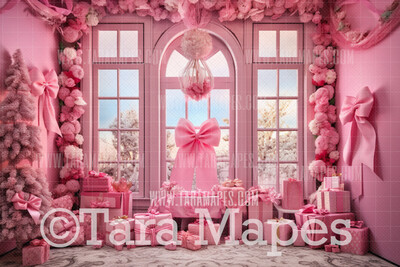 Pink Dollhouse Christmas Digital Backdrop - Christmas Room - Pink Dollhouse Digital Background