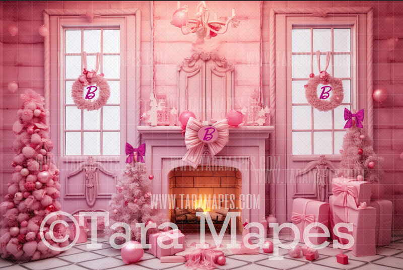 Pink Dollhouse Christmas Digital Backdrop - Christmas Room Fireplace - Pink Dollhouse Digital Background