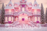 Pink Dollhouse Christmas Digital Backdrop - Christmas Mansion Dreamhouse - Pink Dollhouse Digital Background