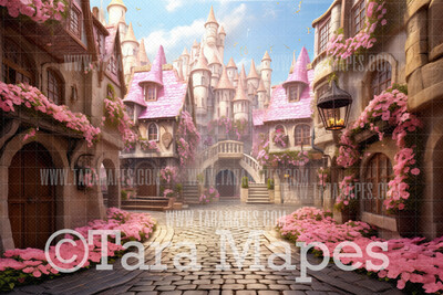 Cobblestone Street with Pink Flowers Digital Backdrop - Cobblestone street with flowers - Digital Backdrop