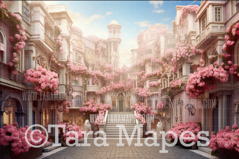 Cobblestone Street with Pink Flowers Digital Backdrop - Cobblestone street with flowers - Digital Backdrop