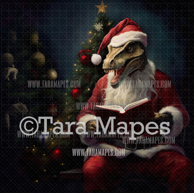 Christmas T-rex Digital Backdrop - Funny Trex Reading a Book - Funny Chirstmas Digital Background - FREE SNOW OVERLAY included
