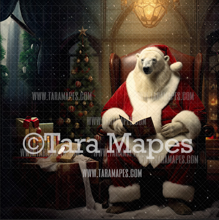 Christmas Polar Bear Digital Backdrop - Polar Bear in Santa Suit Reading a Book - Funny Christmas Digital Background - FREE SNOW OVERLAY included