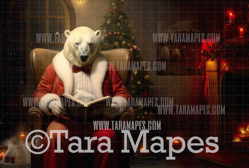 Christmas Polar Bear Digital Backdrop - Polar Bear in Santa Suit Reading a Book - Funny Christmas Digital Background - FREE SNOW OVERLAY included
