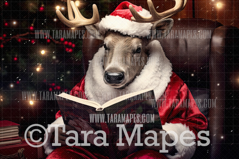 Christmas Reindeer Digital Backdrop - Funny Rudolph Reading Book - Funny Chirstmas Digital Background - FREE SNOW OVERLAY included