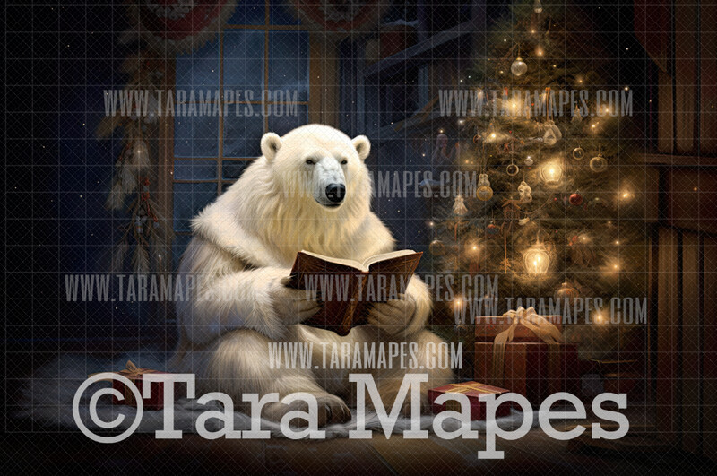 Christmas Polar Bear Digital Backdrop - Polar Bear in Reading a Book - Funny Christmas Digital Background - FREE SNOW OVERLAY included