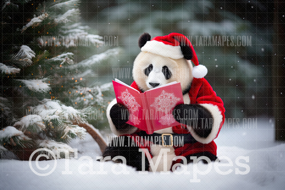 Christmas Panda Digital Backdrop - Funny Panda Reading Book - Funny Christmas Digital Background - FREE SNOW OVERLAY included
