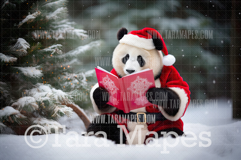 Christmas Panda Digital Backdrop - Funny Panda Reading Book - Funny Christmas Digital Background - FREE SNOW OVERLAY included