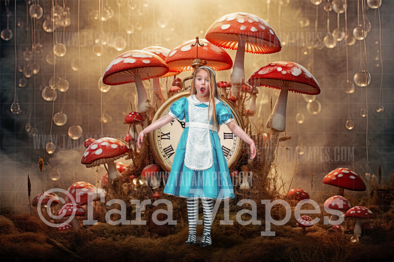 Alice Digital Backdrop - Wonderland Mushroom Clock - Wonderland Digital Background