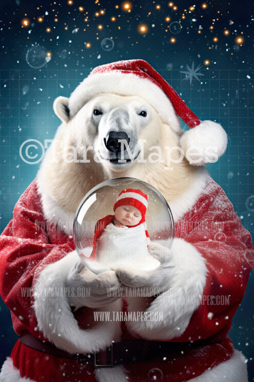 Smiling Polar Bear Holding Snow Globe  - LAYERED PSD! Snowglobe Polar Bear - Snow Globe Bear Globe - Funny Holiday Christmas Digital Background / Backdrop