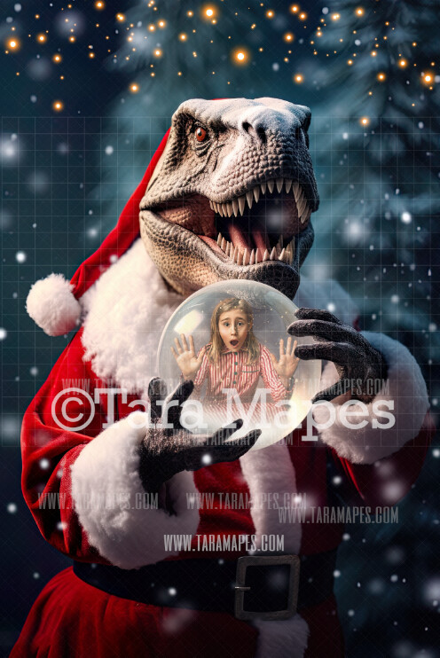 T-Rex Holding Snow Globe - LAYERED PSD! Snowglobe Tyrannosaurus - Snow Globe Dinosaur Naughty Globe - Funny Holiday Christmas Digital Background / Backdrop