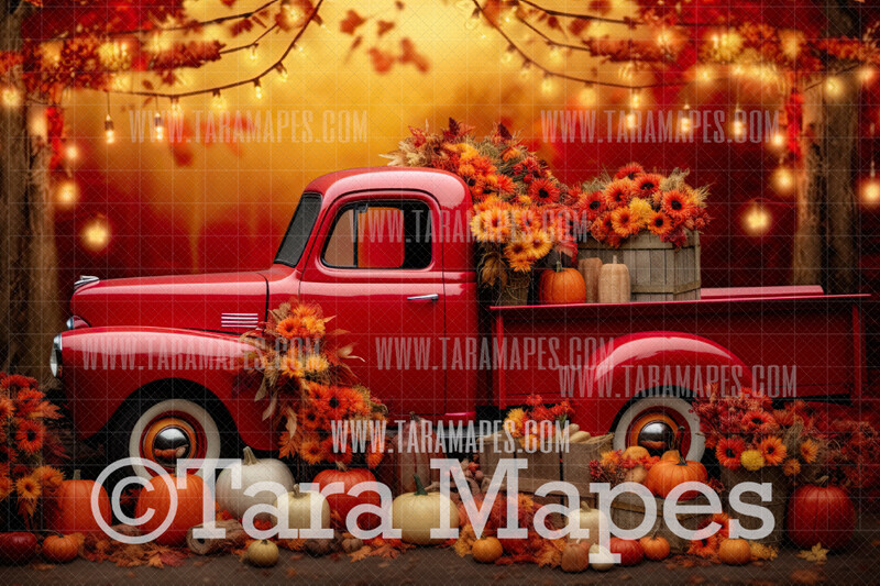Vintage Fall Truck Digital Background - Red Vintage Truck - Autumn Fall Truck Digital Background Backdrop