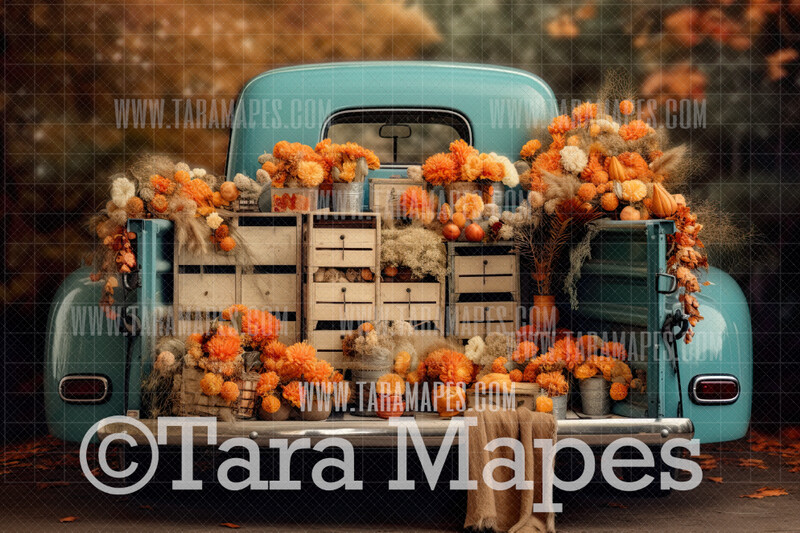 Vintage Fall Truck Digital Background - Blue Vintage Truck - Autumn Fall Truck Digital Background Backdrop