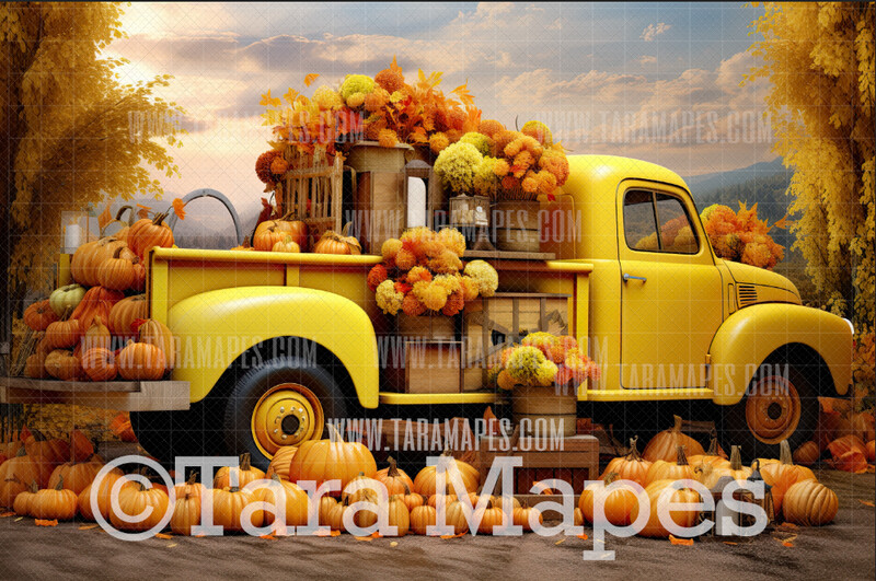 Vintage Fall Truck Digital Background - Yellow Vintage Truck - Autumn Fall Truck Digital Background Backdrop