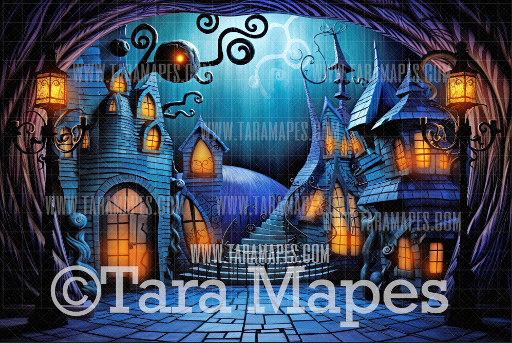 Surreal Town Halloween Digital Backdrop  - Halloween Digital Background