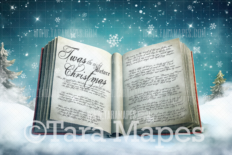 Christmas Book Digital Backdrop - Twas the Night Before Christmas Digital Background - FREE SNOW OVERLAY included