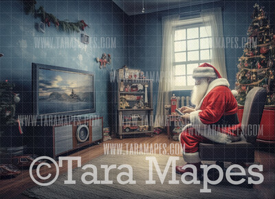 Santa Playing Video Game Christmas Digital Backdrop - Video Game Santa Digital Background