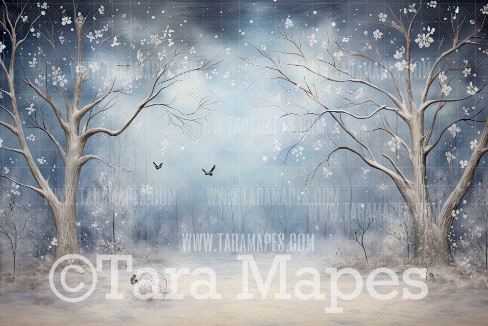 Winter Scene Digital Backdrop  - Snowy Landscape with Pine Trees Digital Background - Separate Snow Overlay - Christmas Winter Digital Background Backdrop