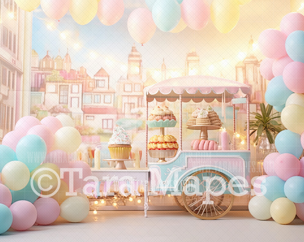 Pastel Candy Cart Digital Backdrop -  Pastel Candy and Balloons Digital Background