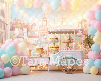 Pastel Candy Cart Digital Backdrop -  Pastel Candy and Balloons Digital Background