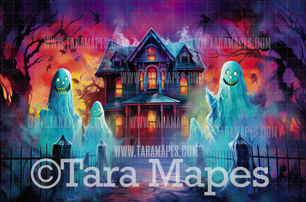 Colorful Halloween House with Ghosts Digital Backdrop - Haunted House  - Halloween Digital Background