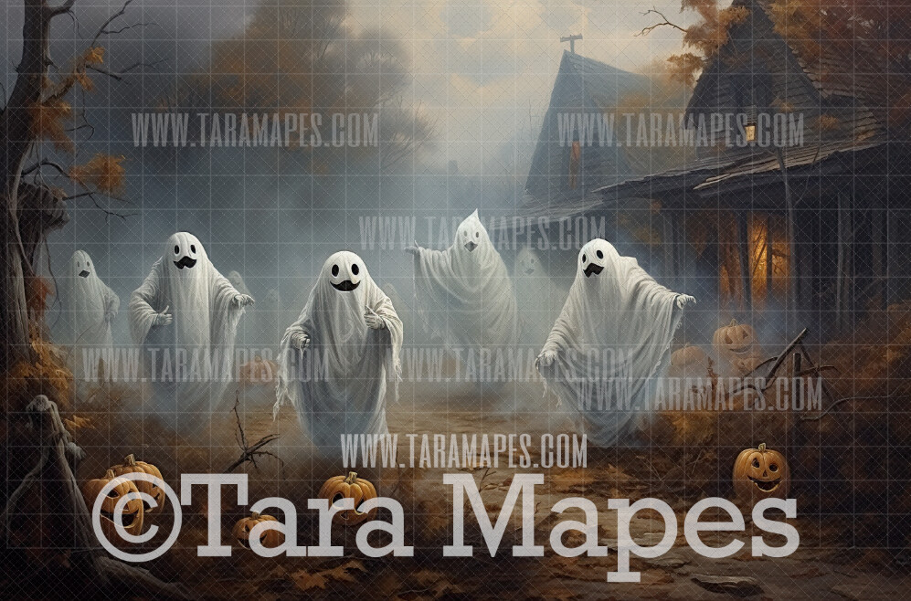 Friendly Ghosts Digital Backdrop - Haunted House  - Halloween Digital Background