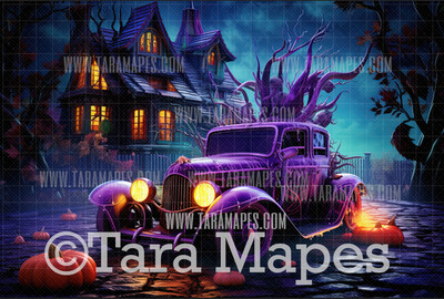 Witch Car Digital Backdrop -  Halloween Digital Background