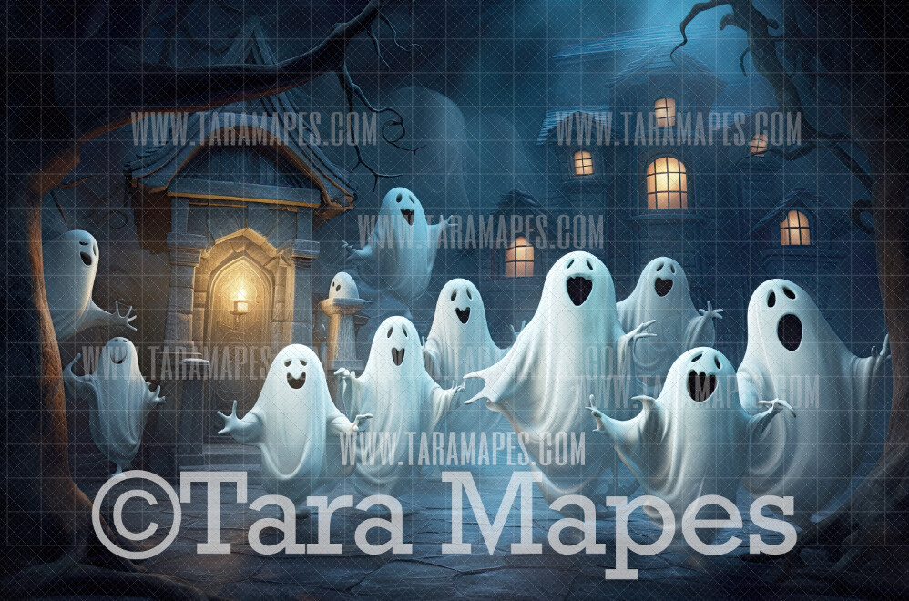 Friendly Ghost Digital Backdrop - Surreal Ghost House - Fun Haunted House - Quirky Fun Halloween House - JPG File - Witch House - Halloween Digital Background