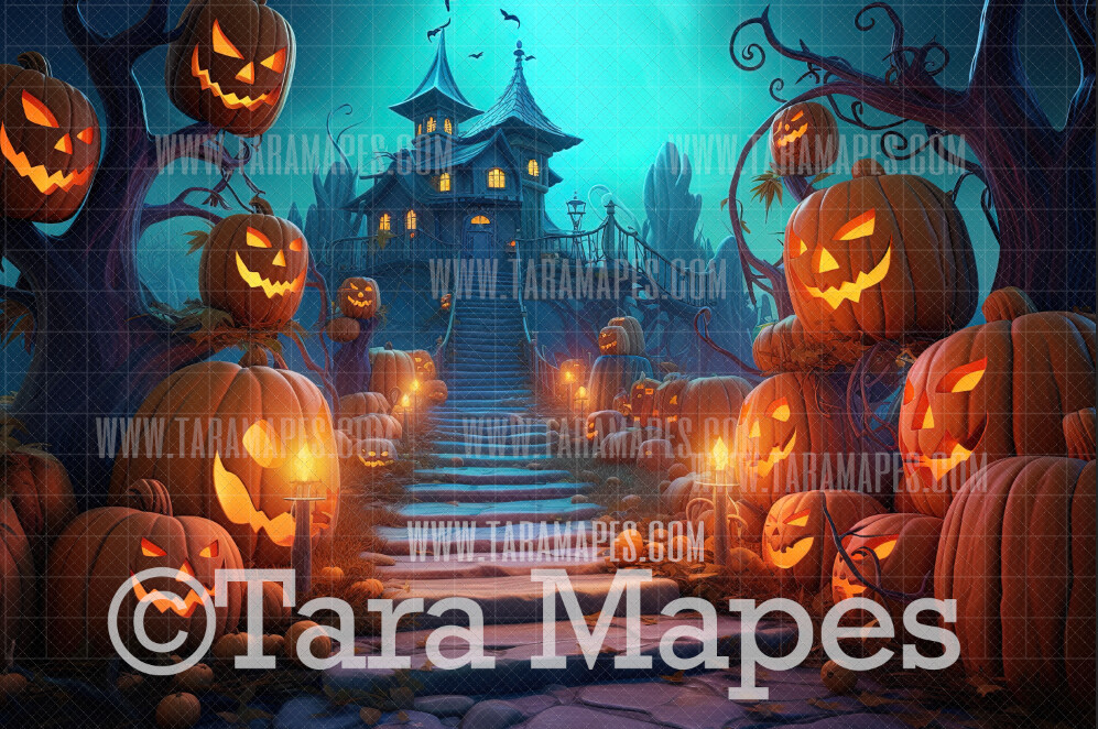 Halloween Path Digital Backdrop - Haunted House  - Halloween Digital Background