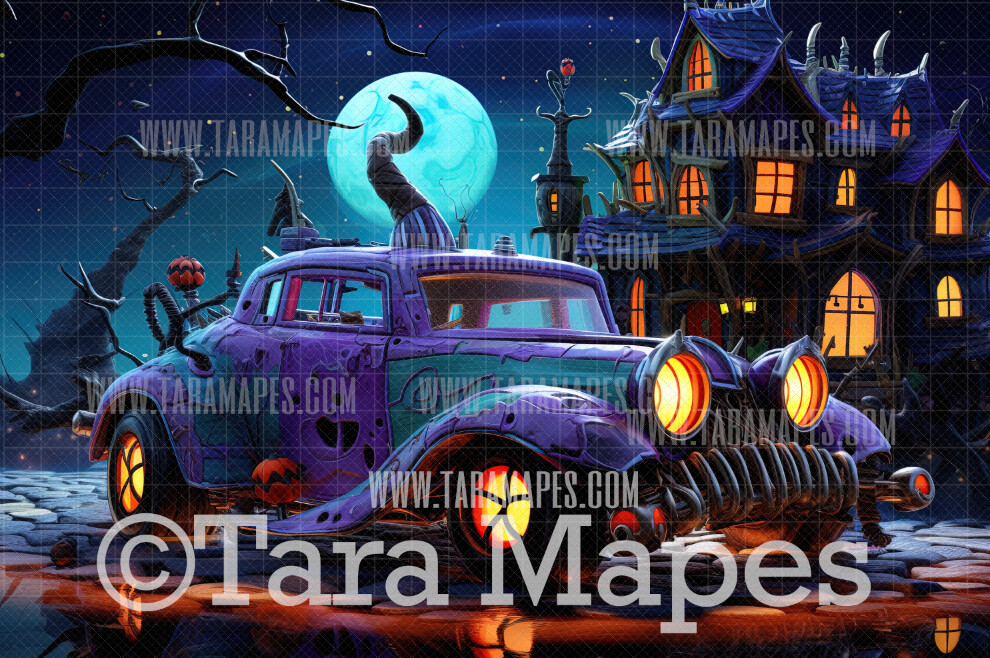 Witch Car Digital Backdrop -  Halloween Digital Background
