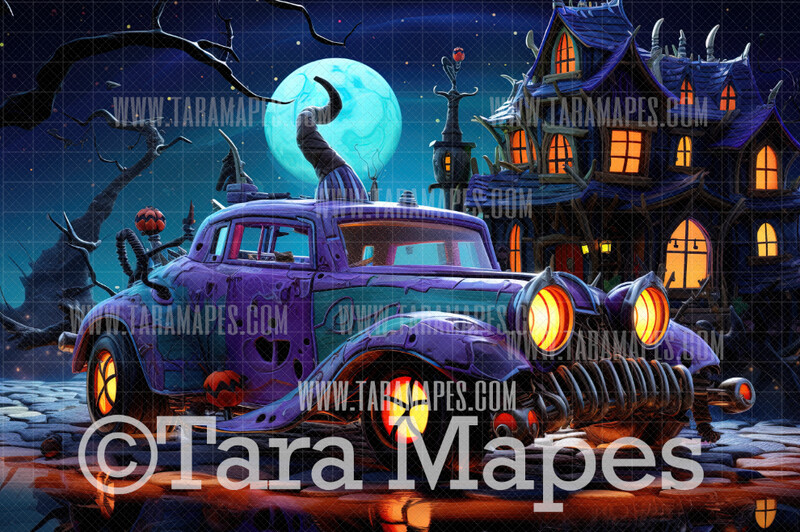 Witch Car Digital Backdrop - Halloween Digital Background