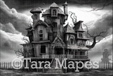 Surreal Black and White Halloween House Digital Backdrop - Haunted House  - Halloween Digital Background