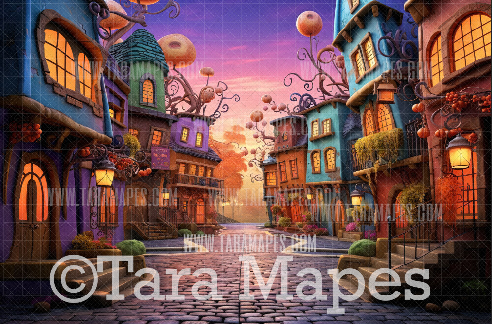 Colorful Halloween Town Digital Backdrop - Haunted House  - Halloween Digital Background