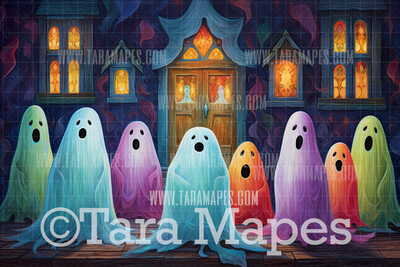 Colorful Ghost and Haunted House Halloween Digital Background
